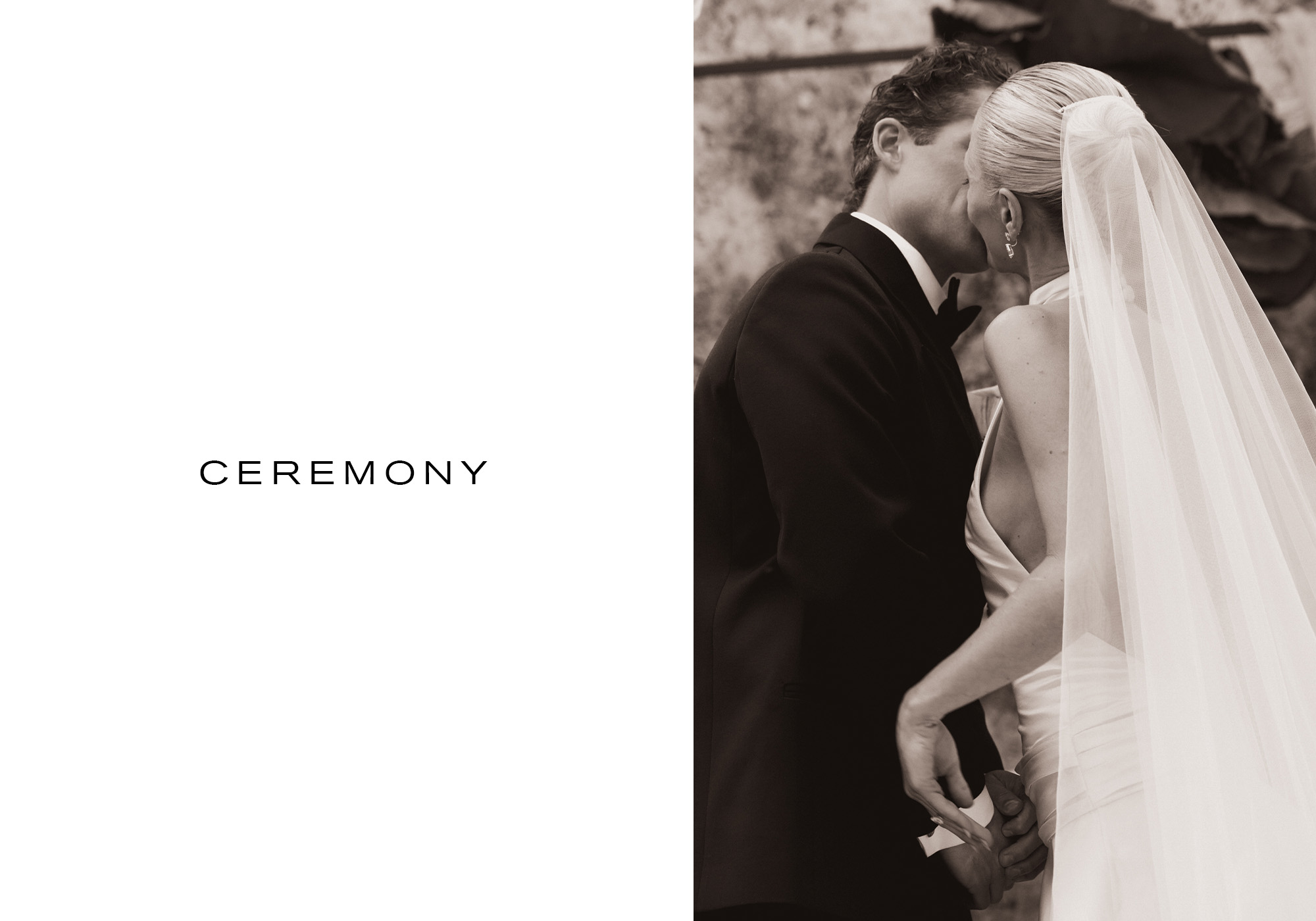 Max and Karoline kissing next to text that says, "Ceremony."