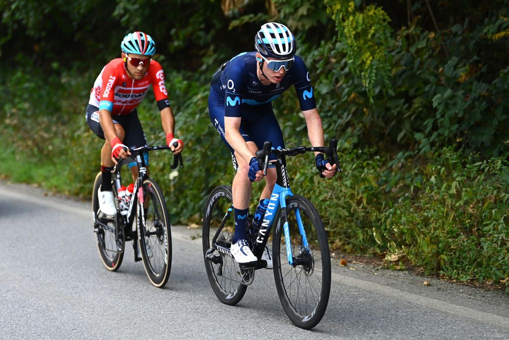 BEINASCO ITALY OCTOBER 06 LR Kamil Malecki of Poland and Team Lotto Soudal and Matteo Jorgenson of United States and Movistar Team compete in the breakaway during the 106th Gran Piemonte 2022 a 198km one day race from Omegna to Beinasco GranPiemonte on October 06 2022 in Beinasco Italy Photo by Tim de WaeleGetty Images