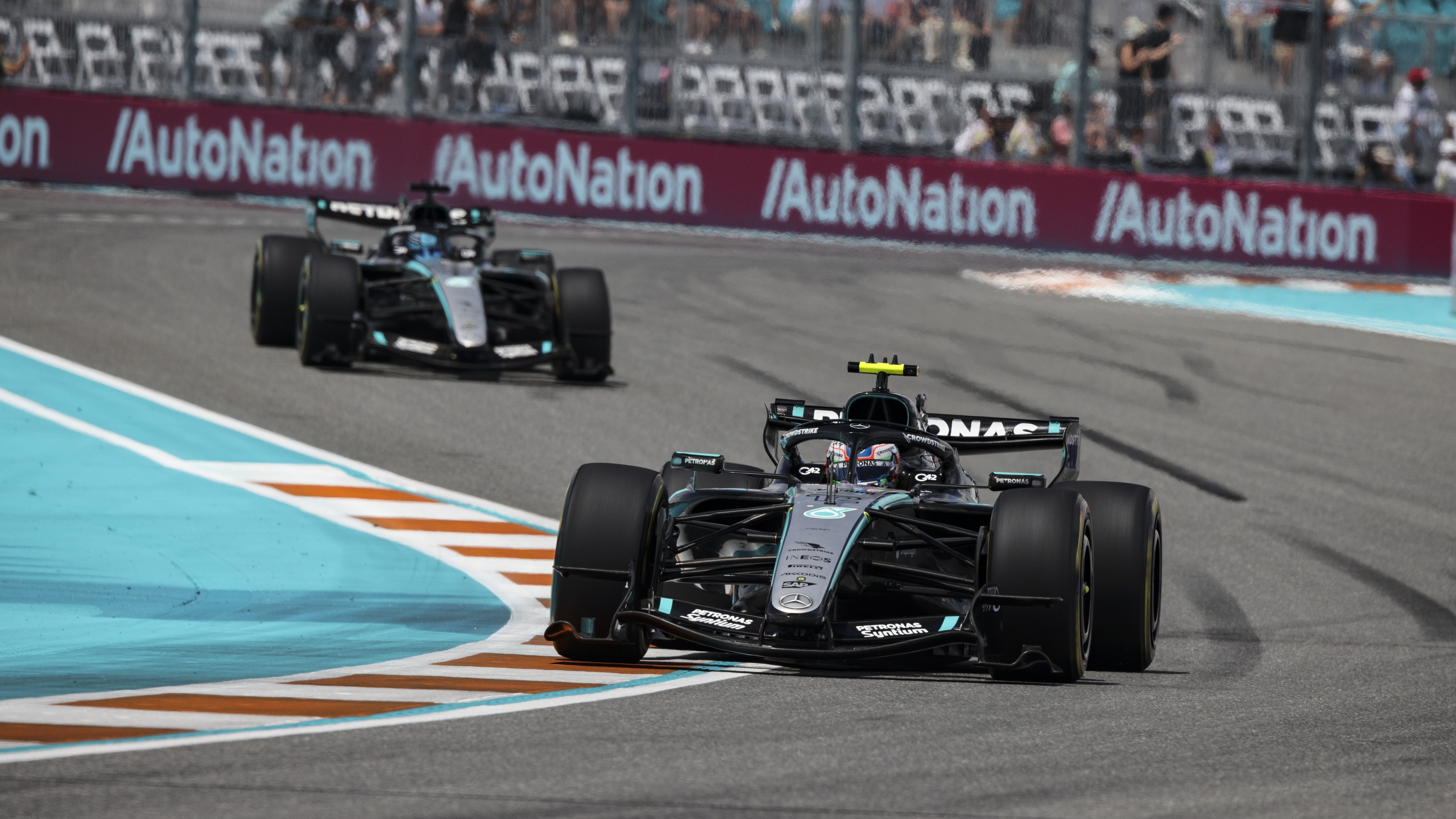 Andrea Kimi Antonelli of the Mercedes AMG F1 Team and George Russell of the Mercedes AMG F1 Team