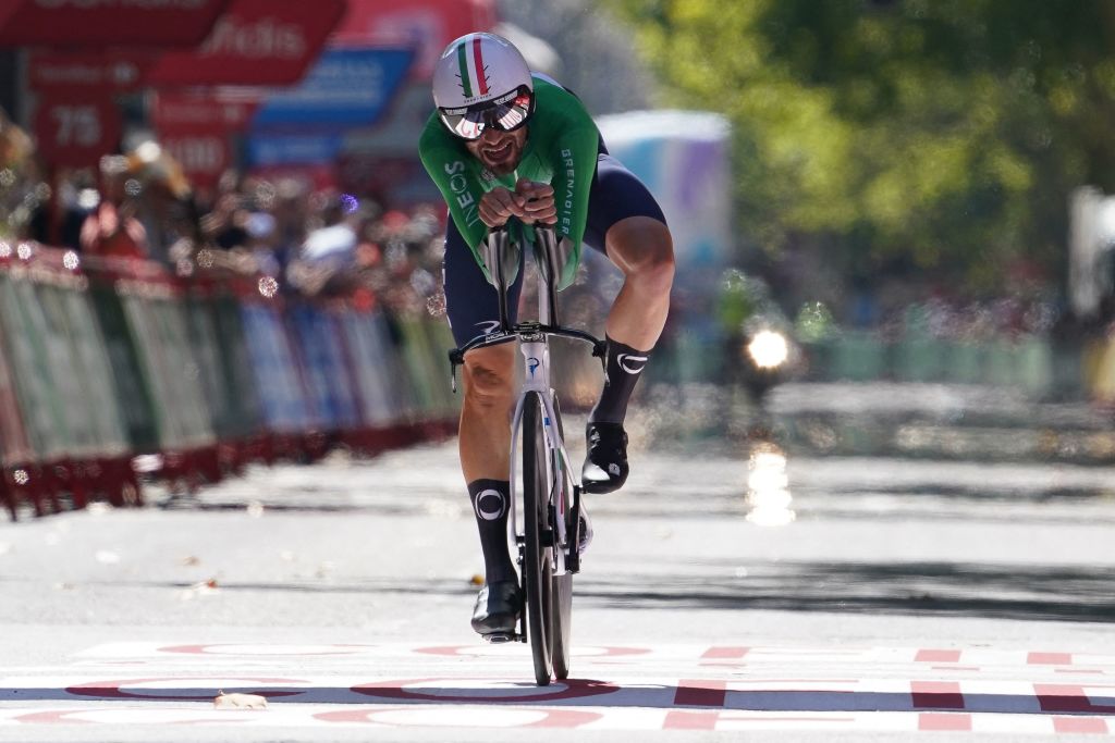 Team Ineos Italian rider Filippo Ganna crosses the finish line to win the stage 10 of the 2023 La Vuelta cycling tour of Spain a 258 km individual time trial in Valladolid on September 5 2023 Photo by CESAR MANSO AFP Photo by CESAR MANSOAFP via Getty Images