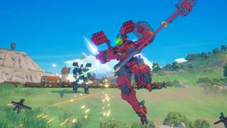 A glaive-equipped mecha preparing an attack in Iron Valiant: Record of Astera.