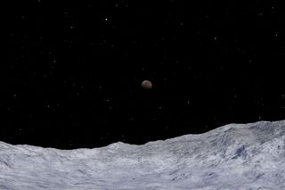 Charon, as seen from Pluto, simulated in the Starry Night software.