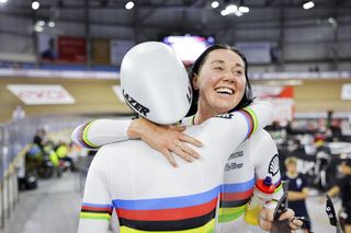 Katie Archibald of Great Britain celebrating in a rainbow jersey