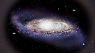 An artist's impression of the warped disk of the Milky Way, surrounded by a slightly flattened dark matter halo.