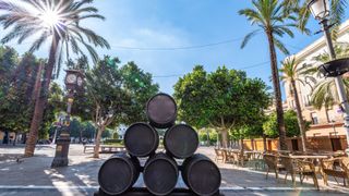 barrels stacked in town in Jerez de la Frontera, Spain