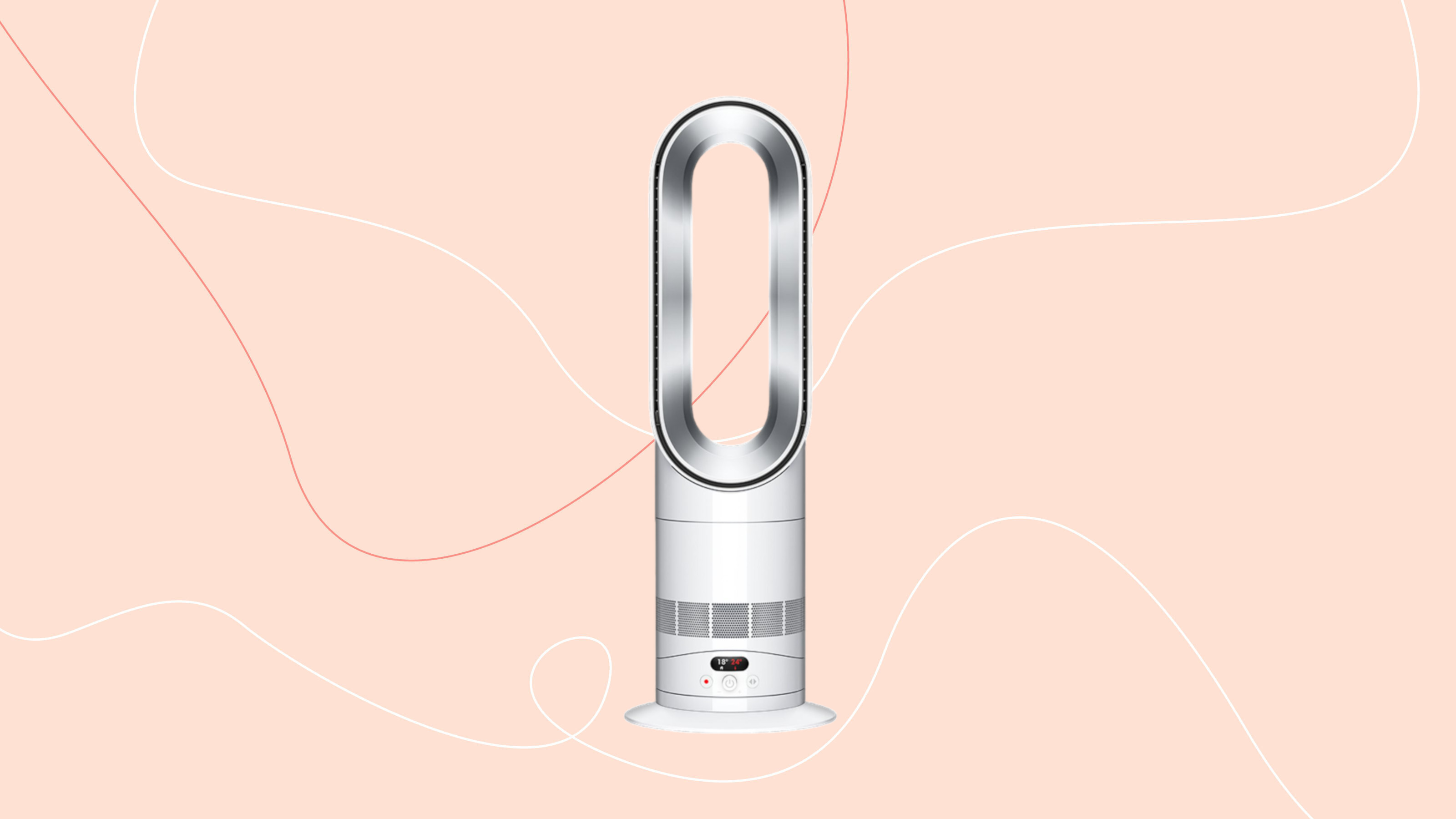 dyson hot+cool pre heat heater and cooling fan on a pink graphic background