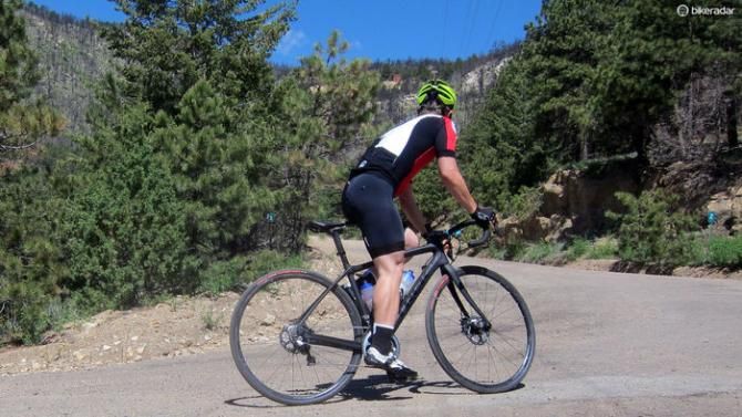 While the disc brakes on the Trek Domane Disc 6.9 only further enhance the standard Domane's already confident descending manners, the stiff chassis and low weight make it an excellent companion when climbing, too