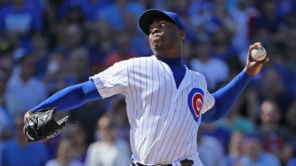 CHICAGO, IL - AUGUST 16: Aroldis Chapman #54 of the Chicago Cubs pitches in the 9th inning against the Milwaukee Brewers at Wrigley Field on August 16, 2016 in Chicago, Illinois. The Cubs def