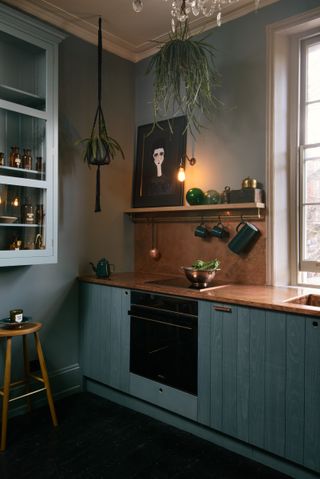 A blue kitchen with warm lighting featuring hanging planters and artwork