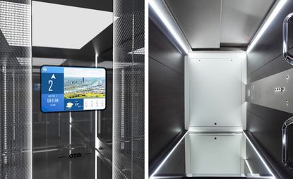 Two side-by-side photos of a digital screen on a glass panel and the interior of an Otis lift featuring metal doors, dark panels, lighting, buttons on a metal panel, a mirror and two small handrails