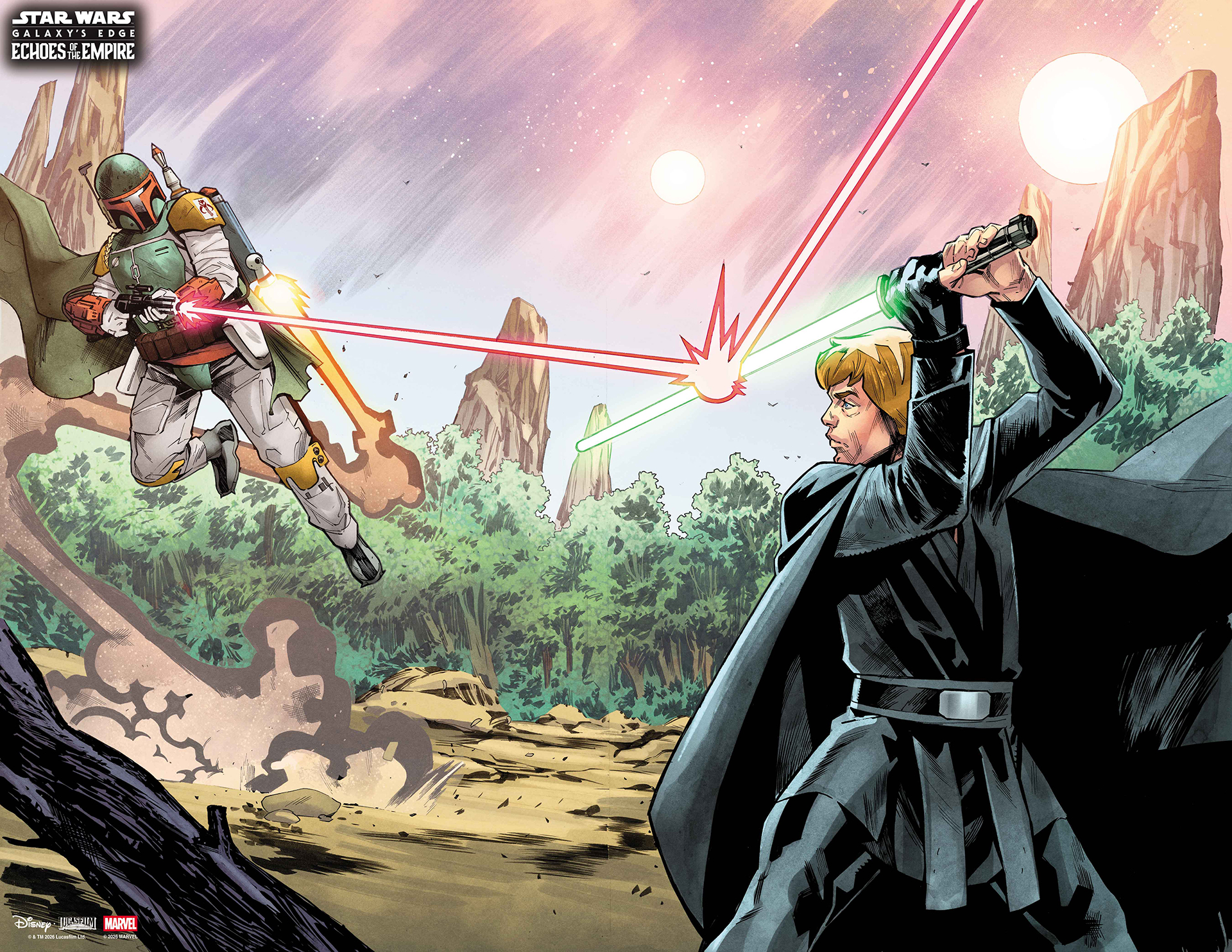 Luke Skywalker using his lightsaber to deflect a blaster shot from Boba Fett