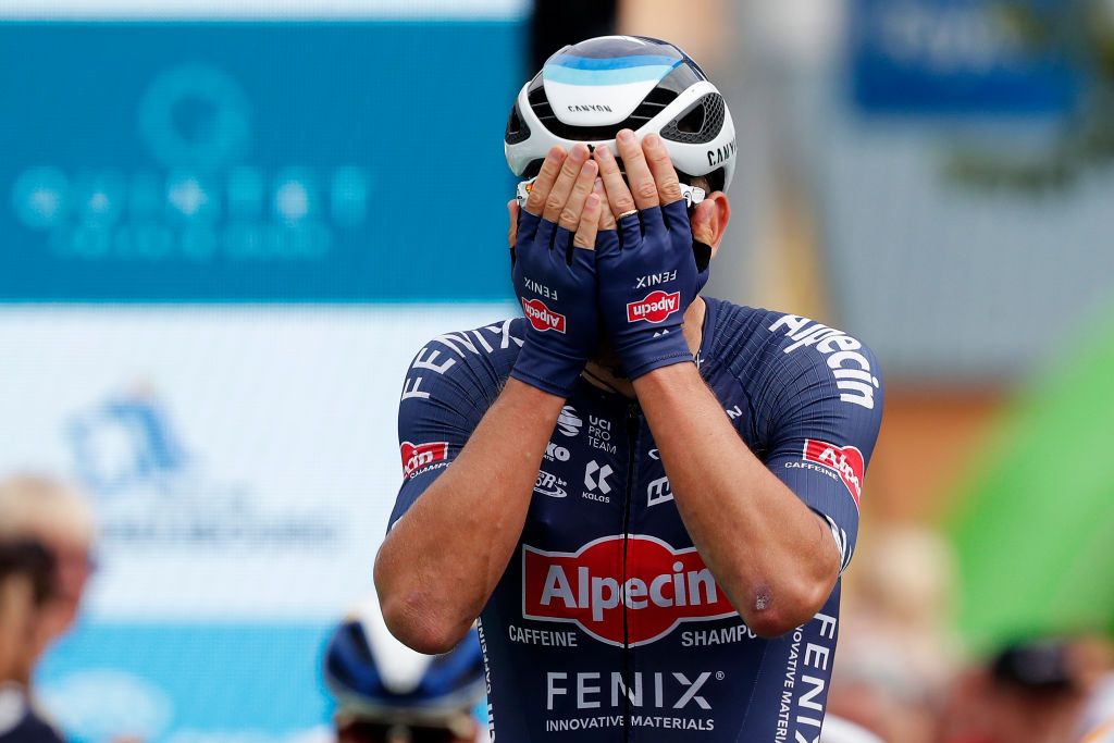 MAMER LUXEMBOURG SEPTEMBER 16 Sacha Modolo of Italy and Team AlpecinFenix celebrates at finish line as stage winner during the 81st SkodaTour De Luxembourg 2021 Stage 3 a 1893km stage from MondorfLesBains to Mamer 300m skodatour skodatour on September 16 2021 in Mamer Luxembourg Photo by Bas CzerwinskiGetty Images