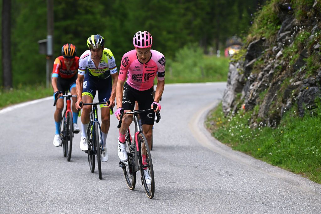 LA PUNT SWITZERLAND JUNE 15 LR Antonio Tiberi of Italy and Team Bahrain Victorious Neilson Powless of The United States and Team EF EducationEasyPost and Rui Costa of Portugal and Team IntermarchCircusWanty compete in the breakaway during the 86th Tour de Suisse 2023 Stage 5 a 211km stage from Fiesch to La Punt 1696m UCIWT on June 15 2023 in La Punt Switzerland Photo by Dario BelingheriGetty Images