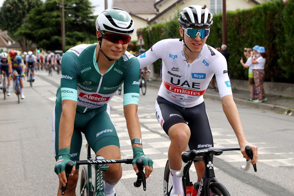 Green jersey Jasper Philipsen (Alpecin Deceuninck) and White jersey Tadej Pogacar (UAE Team Emirates) were all smiles at the start of stage 21
