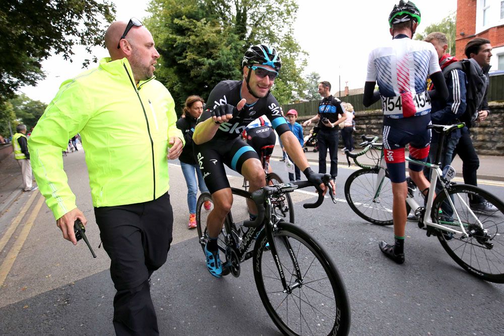 Elia Viviani (Team Sky) makes his way to the podium after his win