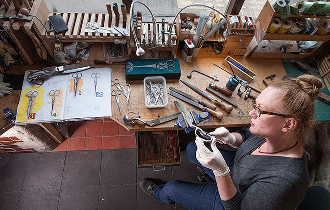 Cutler Grace Horner, a Folding Knife and Scissor Maker. Shot in her reconverted public convenience workshop in Sheffield. ©Richard Cannon/Country Life