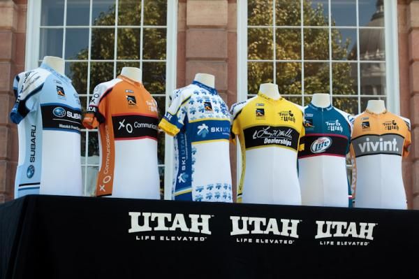 The jerseys for this year's Tour of Utah.