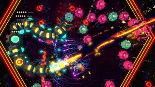 An arrow-shaped ship blasts colourful shapes in top-down arena combat in Sektori