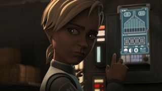 Omega at control panel in Star Wars: The Bad Batch Season 3