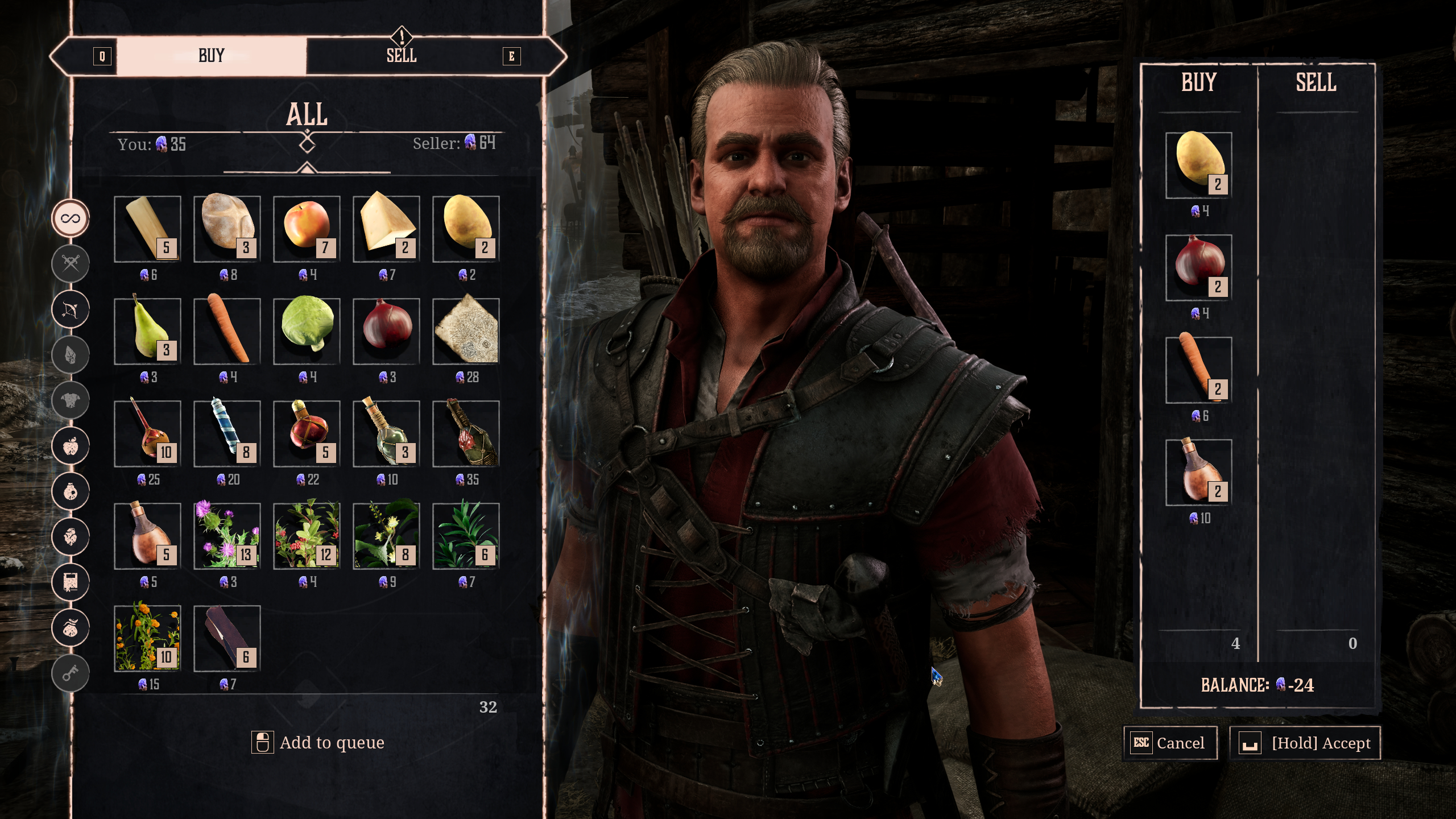 Gothic Remake The Forgotten Recipe: A player trading with Dexter for onions, carrots, potatoes, and water.