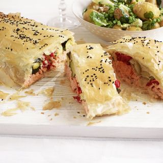 Salmon and Roasted Vegetables in Filo