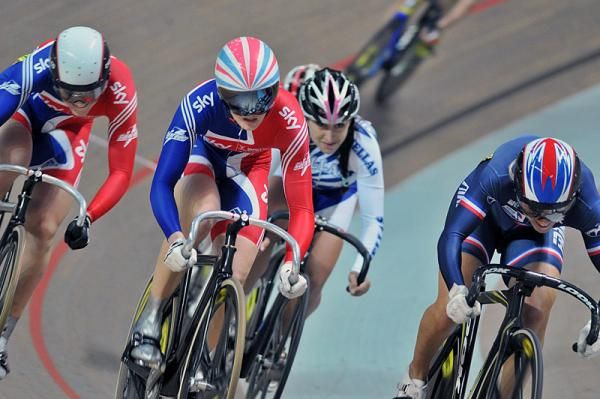 Victoria Pendleton (Great Britain), 2nd left, en route to victory in her first round keirin heat.