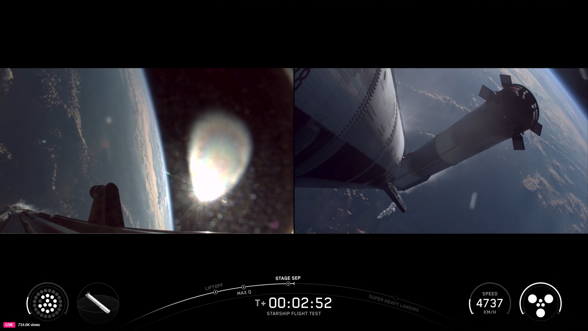 A split view of a rocket leaving Earth behind as another rocket stage drops away