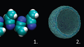 This is a 3D model of how the vinyl cyanide aligns into an azotosome membrane. 1. Shows how the acrylonitrile molecules align, with the heads in and tails out and 2. Shows a cross section of an azotosome membrane. Credit: Science Mag