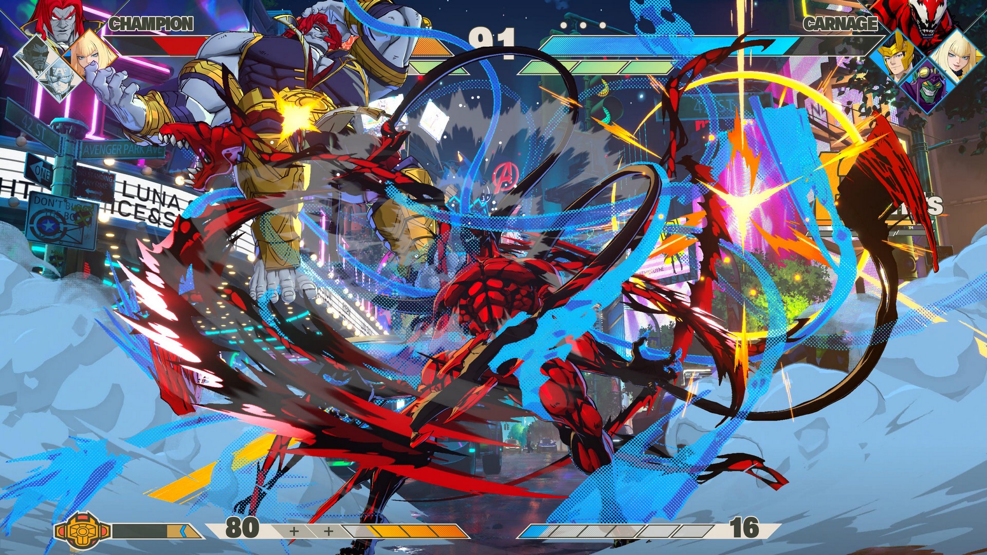 Carnage fills the screen with red tentacle attacks in Marvel Tokon while fighting The Champion