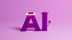 purple letters spelling out AI, with a halo on the A and a devil horn and tail on the I