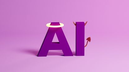 purple letters spelling out AI, with a halo on the A and a devil horn and tail on the I