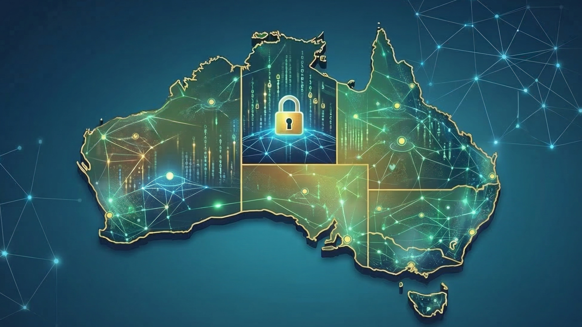 Map of Australia with network connections and a padlock