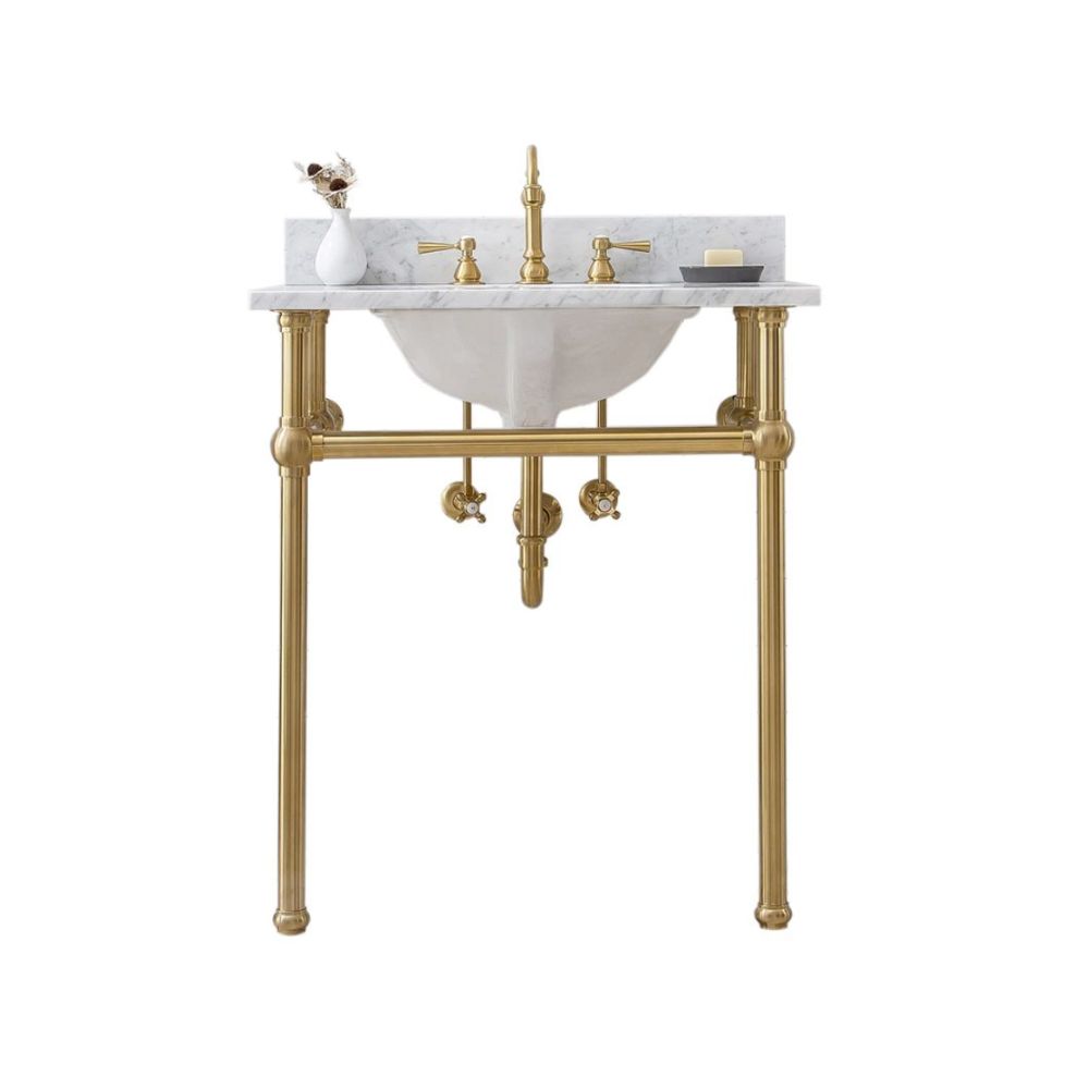 Marble sink on brushed gold vanity stand