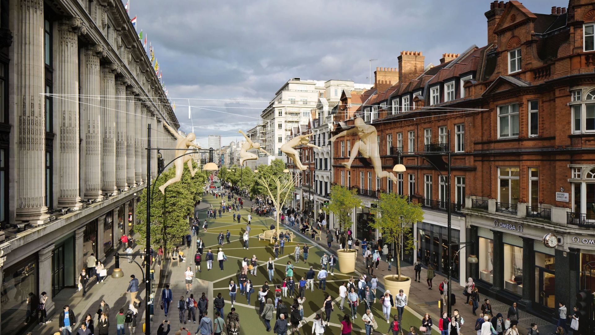 an proposed rendering of what a pedestrianised Oxford Street would look like
