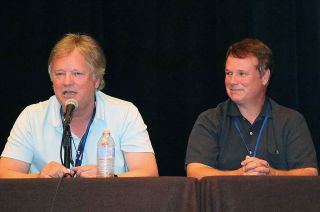 Neil Armstrong's sons Rick (at left) and Mark take part in the panel discussion about the making of "First Man” at Spacefest in Tucson, Arizona on July 7, 2018.