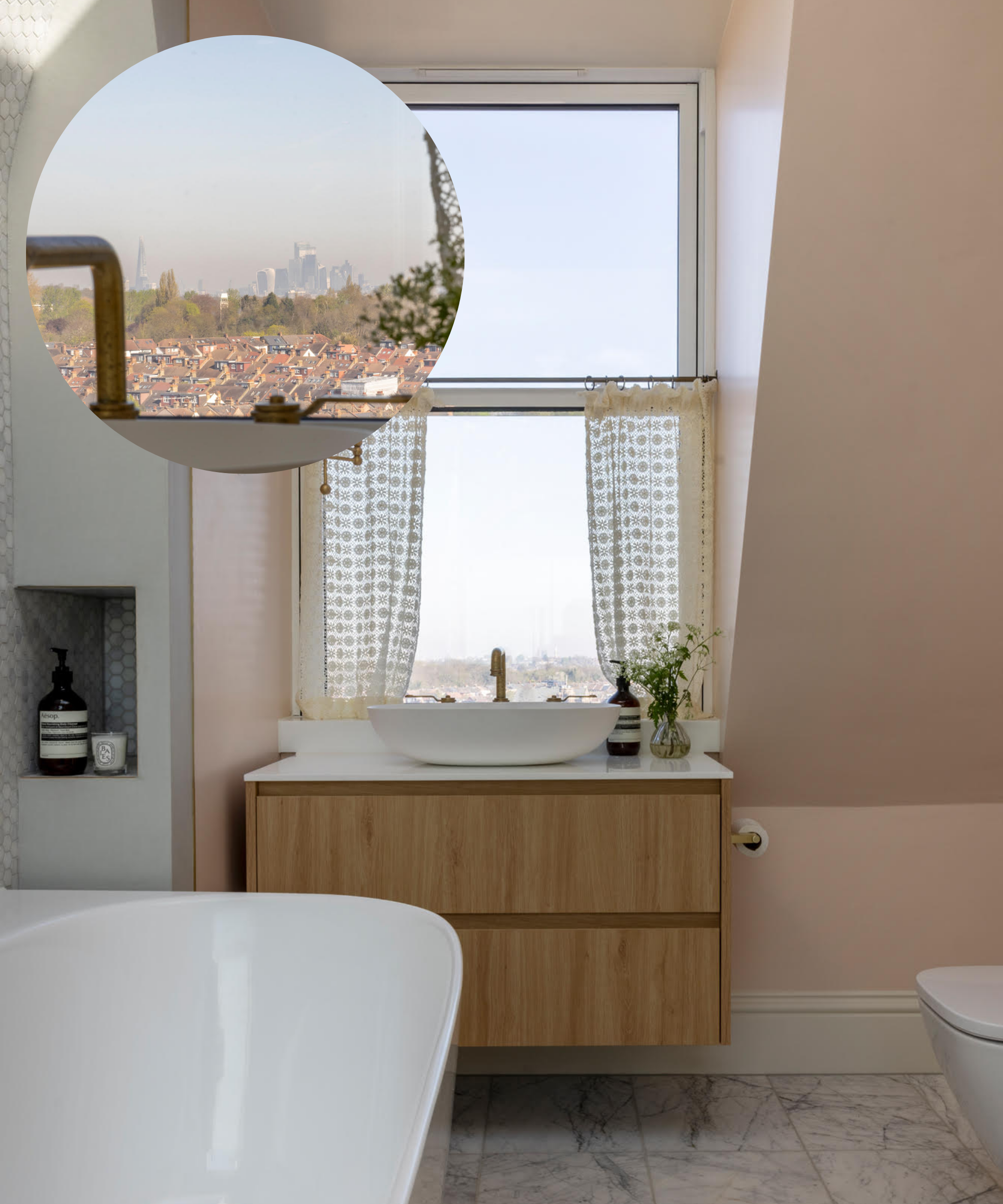 Bathroom with window above the sink with view across London. A smaller circle frame shows a closer shot of the view
