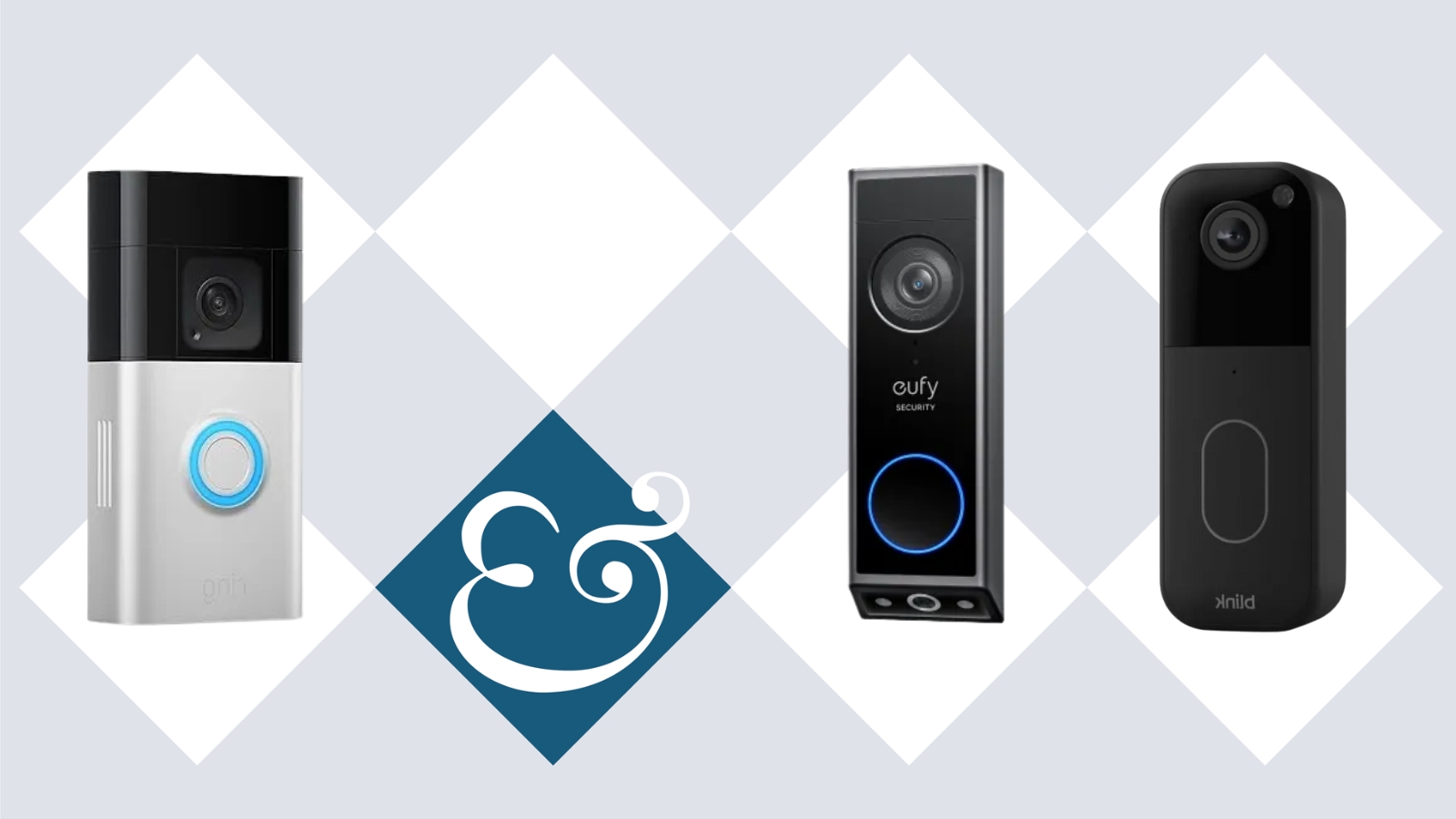 Ring, eufy and Blink video doorbells positioned on a tiled background with the Homes &amp; Gardens &#039;&amp;&#039; logo.