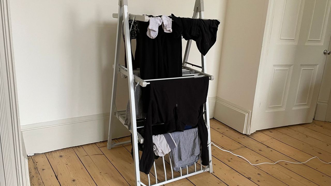 Dunelm 3-Tier A Frame Heated Airer with clothes