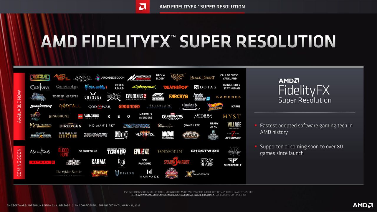 Slide deck for AMD Software Adrenalin Edition 22.3.1 with RSR and FSR 2.0
