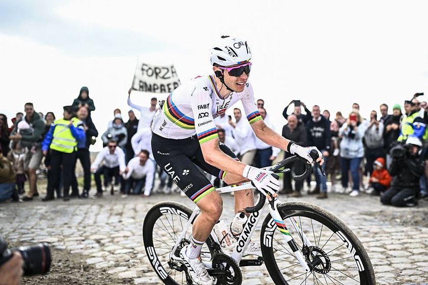 Slovenian Tadej Pogacar of UAE Team Emirates pictured in action during the men elite race of the &#039;Paris-Roubaix&#039; one day cycling race, 259,2 km from Compiegne to Roubaix, France, on Sunday 13 April 2025. BELGA PHOTO JASPER JACOBS (Photo by JASPER JACOBS / BELGA MAG / Belga via AFP)