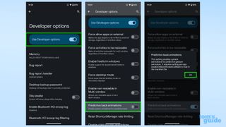 Screenshots showing where to find the predictive back gesture toggle in Android 14's developer settings