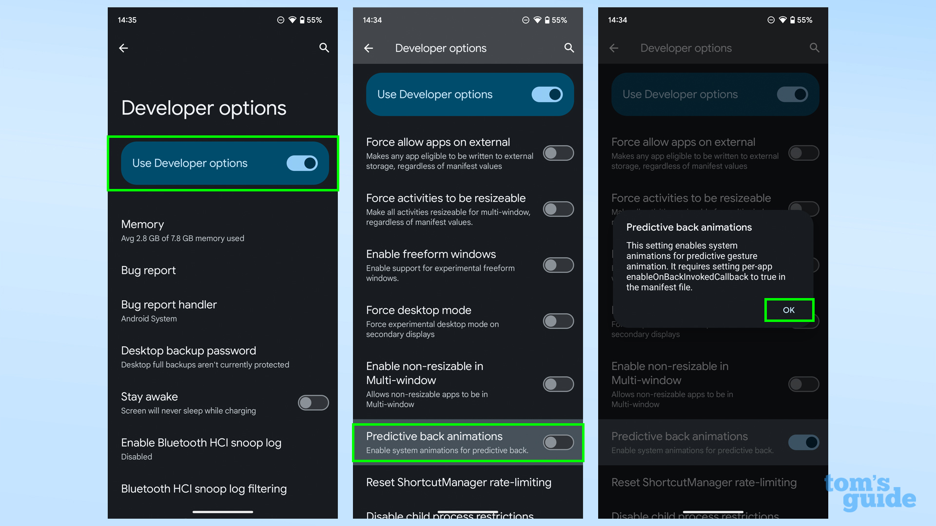 لقطات شاشة توضح مكان العثور على تبديل إيماءة الرجوع التنبؤية في إعدادات مطور Android 14