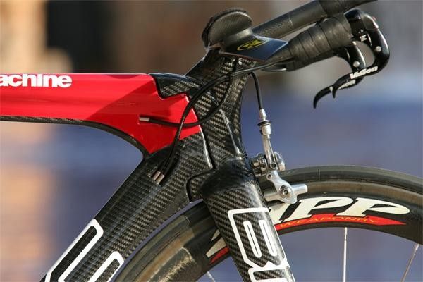 The patented front section of the BMC Time Machine TT01 time trial bike.