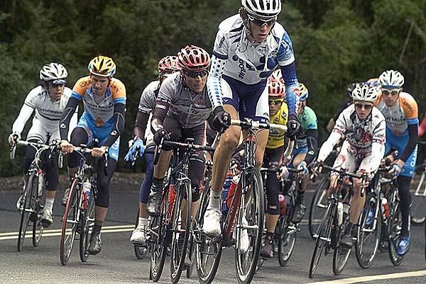 Tim Roe (Savings and Loans) leads the peloton on a climb heading into the final 30 kilometres of stage three.
