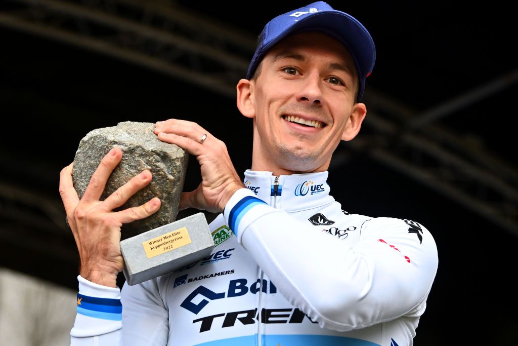 MAARKEDAL BELGIUM NOVEMBER 01 Lars Van Der Haar of The Netherlands and Team Baloise Trek Lions celebrates at podium as race winner during the 33rd Trofee Oudenaarde Koppenbergcross 2022 Mens Elite on November 01 2022 in Maarkedal Belgium Photo by Luc ClaessenGetty Images
