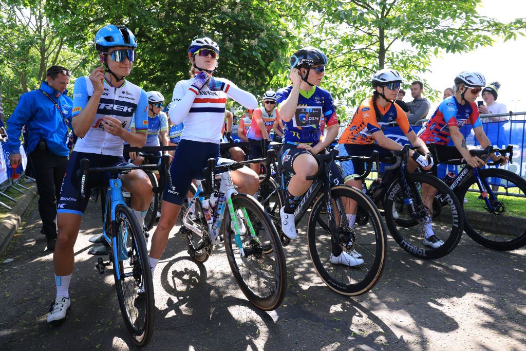 MALDON ENGLAND MAY 27 LR Elizabeth Deignan of The United Kingdom and Team Trek Segafredo Alice Towers of The United Kingdom and Team CanyonSRAM Racing Charlotte Kool of The Netherlands and Team DSM Blue Leader Jersey Hanna Johansson of Sweden and Team Torelli Orange Mountain Jersey and Clara Copponi of France and Team FDJ SUEZ Sprint Jersey prior to the 6th RideLondon Classique 2023 Stage 2 a 1331km stage from Maldon to Maldon UCIWWT on May 27 2023 in Maldon England Photo by Stephen PondGetty Images