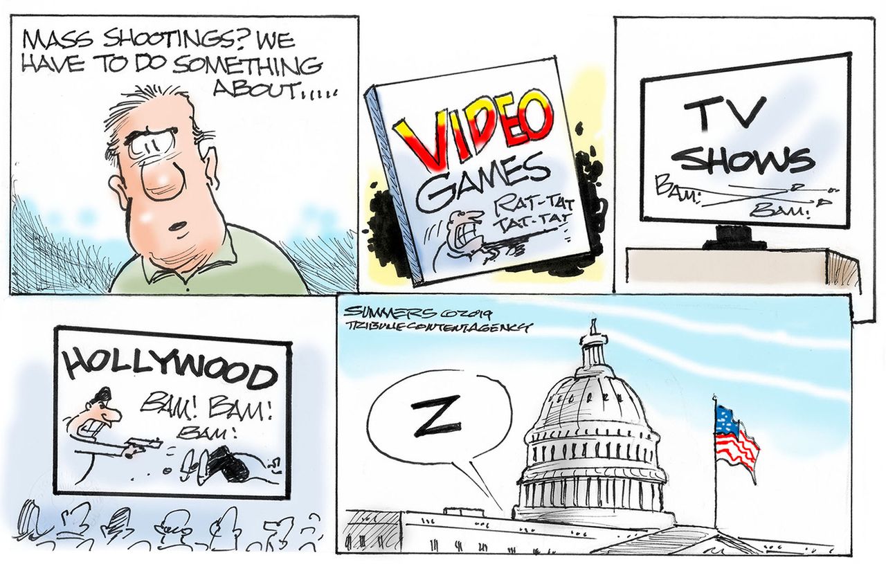 Political Cartoon U.S. Mass Shootings Violent Video Games TV Shows Movies Congressional Inaction