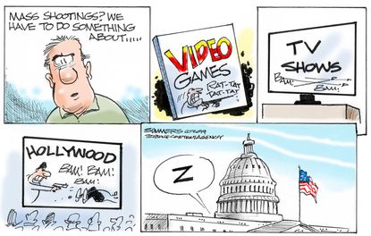 Political Cartoon U.S. Mass Shootings Violent Video Games TV Shows Movies Congressional Inaction