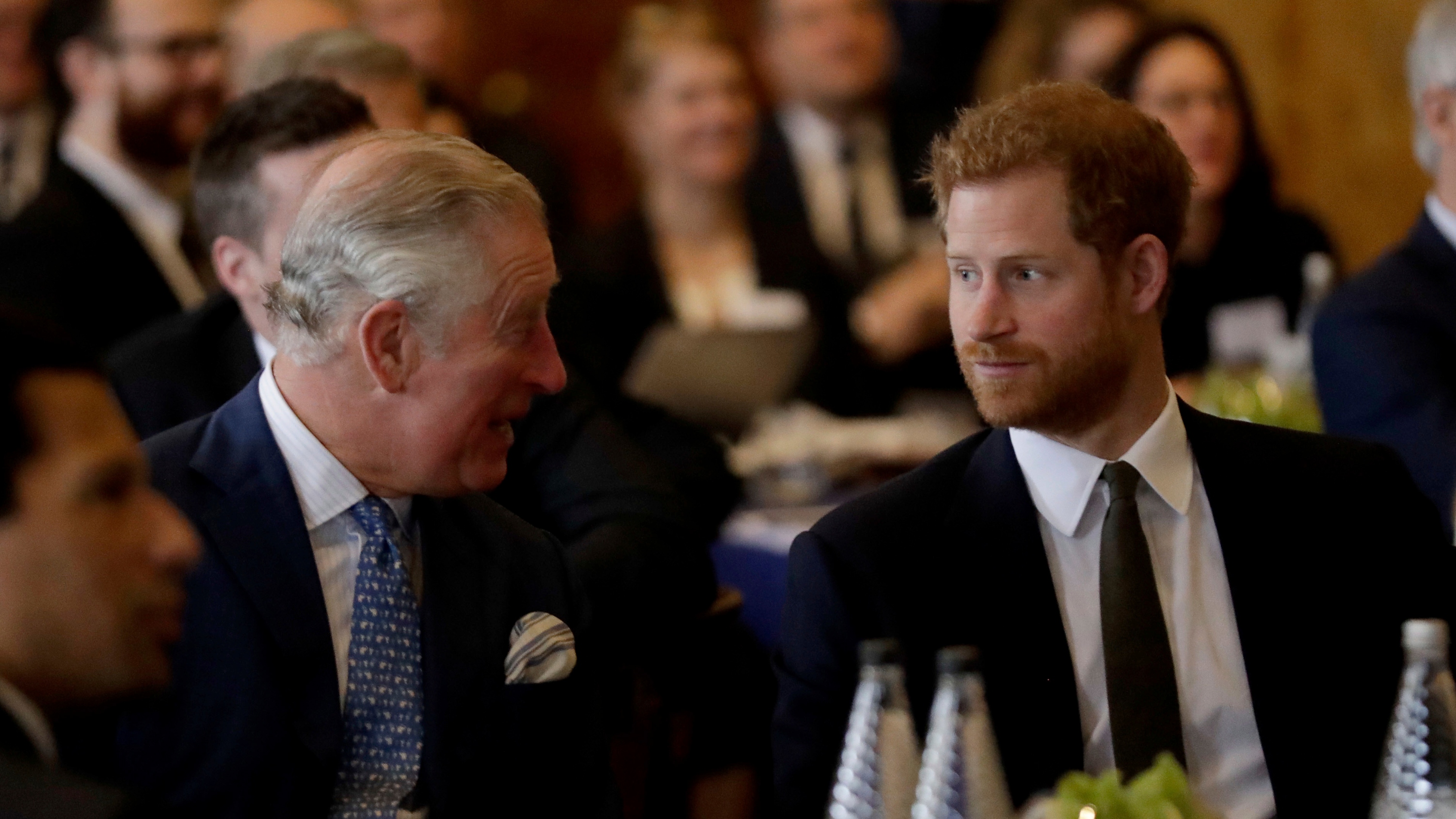 Prince Harry and King Charles attend the 'International Year of The Reef' 2018 meeting at Fishmongers Hall on February 14, 2018
