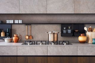 Kitchen worktop with matching backsplash and cupboards